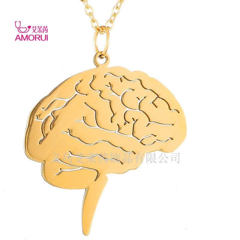 image-AMORUI Stainless Steel Brain Pendant Necklace Gold Unisex