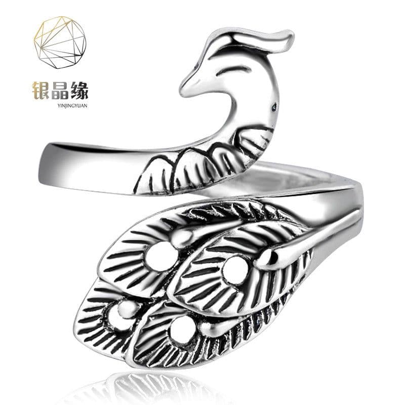 image-Thai Silver Peacock Ring Adjustable Copper Feather Design Women's