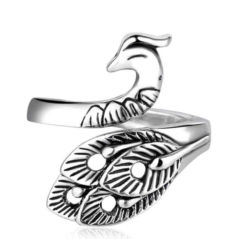 image-Thai Silver Peacock Ring Adjustable Copper Feather Design Women's