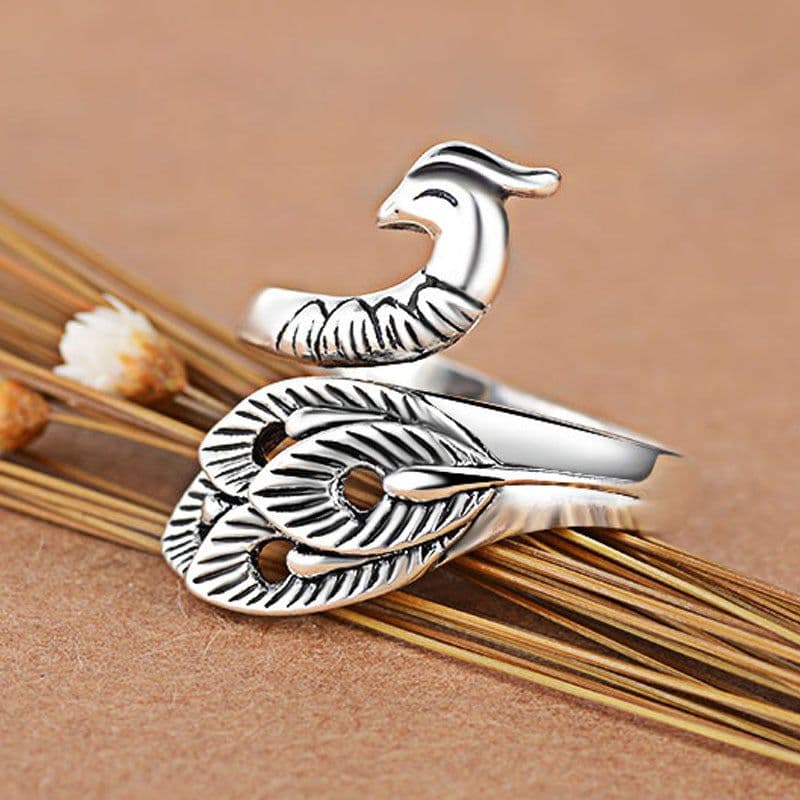 image-Thai Silver Peacock Ring Adjustable Copper Feather Design Women's