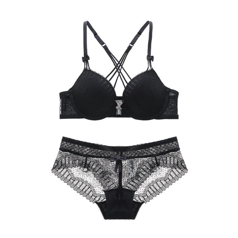 image-Mandhari Cross Strap Front Buckle Lace Bra Set 3/4 Cup