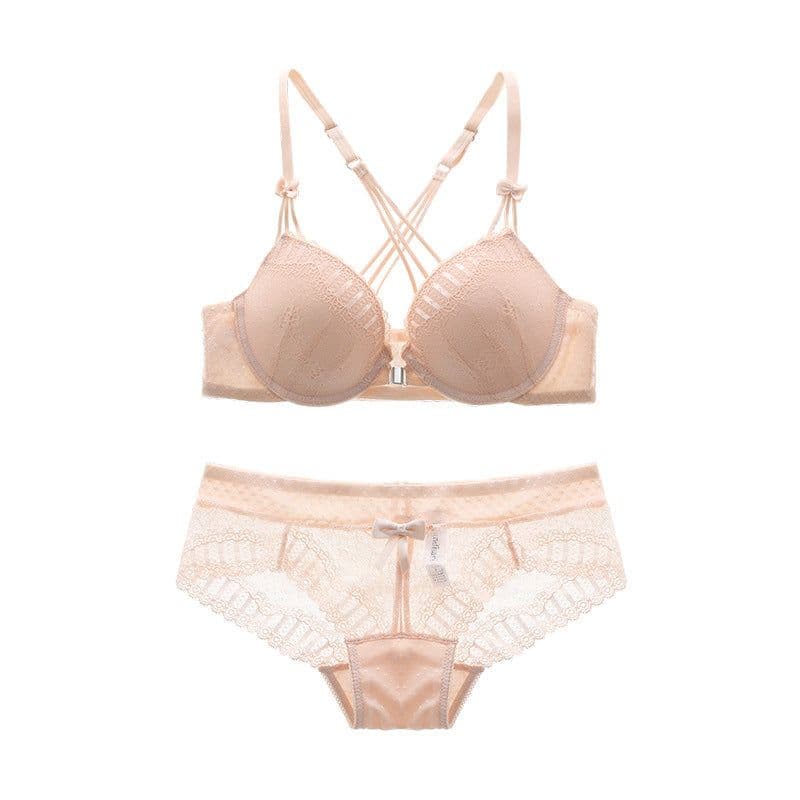 image-Mandhari Cross Strap Front Buckle Lace Bra Set 3/4 Cup