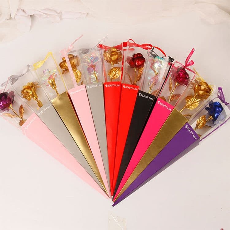 image-Gold Foil Rose in Triangle Gift Box Single Flower Valentine Gift