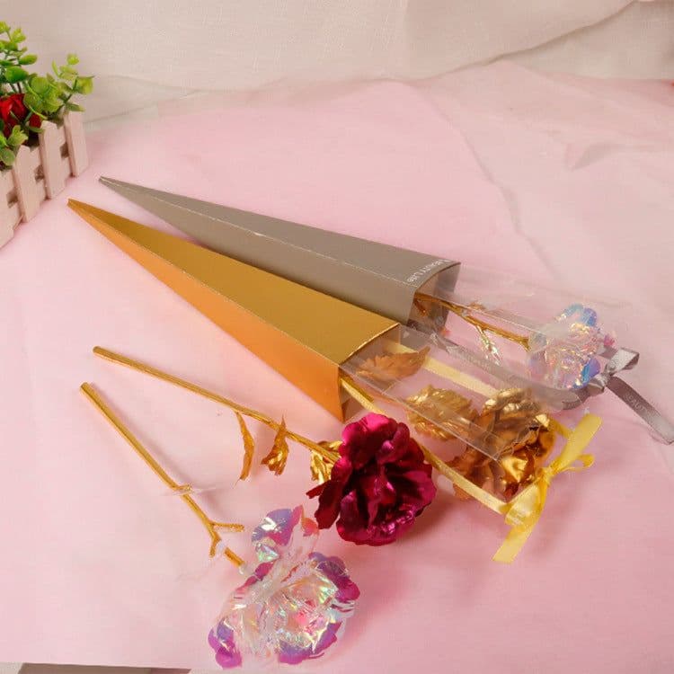 image-Gold Foil Rose in Triangle Gift Box Single Flower Valentine Gift