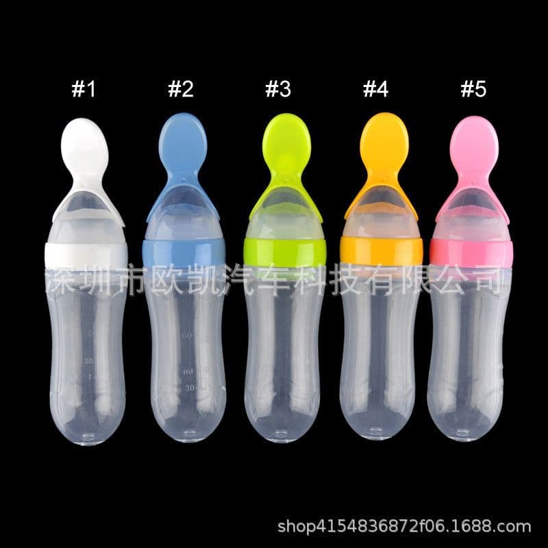 image-Blue Sky Baby Silicone Squeeze Feeding Bottle with Spoon