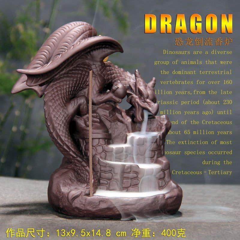 image-Ceramic Dragon Dinosaur Incense Burner with Fog Effect