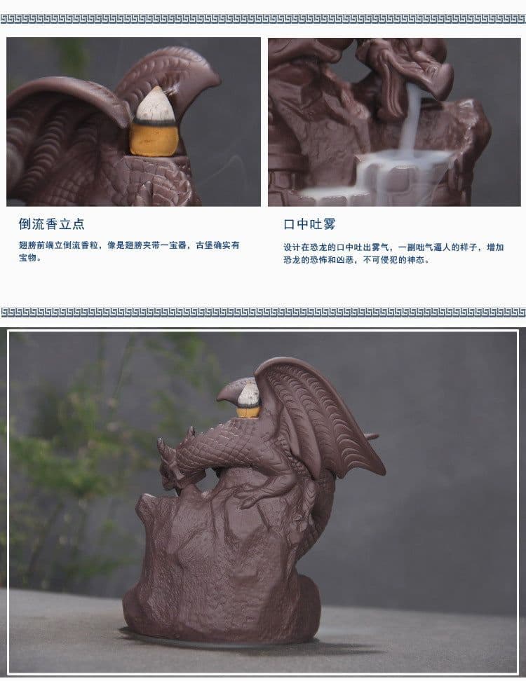 image-Ceramic Dragon Dinosaur Incense Burner with Fog Effect