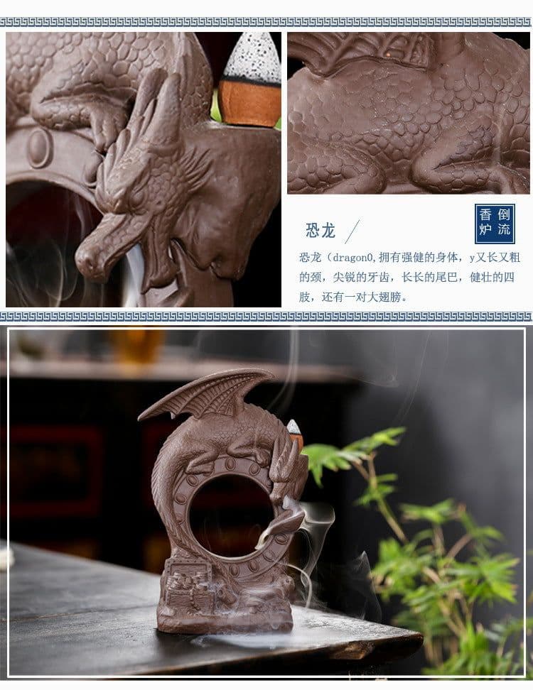 image-Ceramic Dragon Dinosaur Incense Burner with Fog Effect