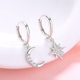 image-S925 Silver Star Moon Asymmetric Earrings with Zircon
