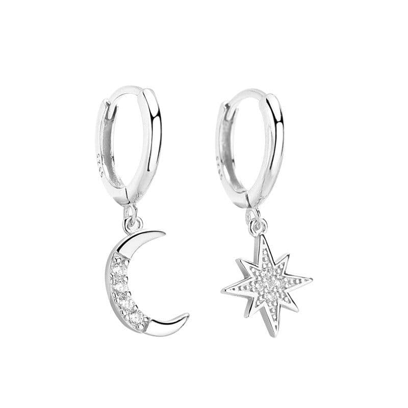 image-S925 Silver Star Moon Asymmetric Earrings with Zircon
