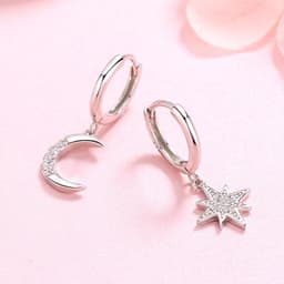 image-S925 Silver Star Moon Asymmetric Earrings with Zircon
