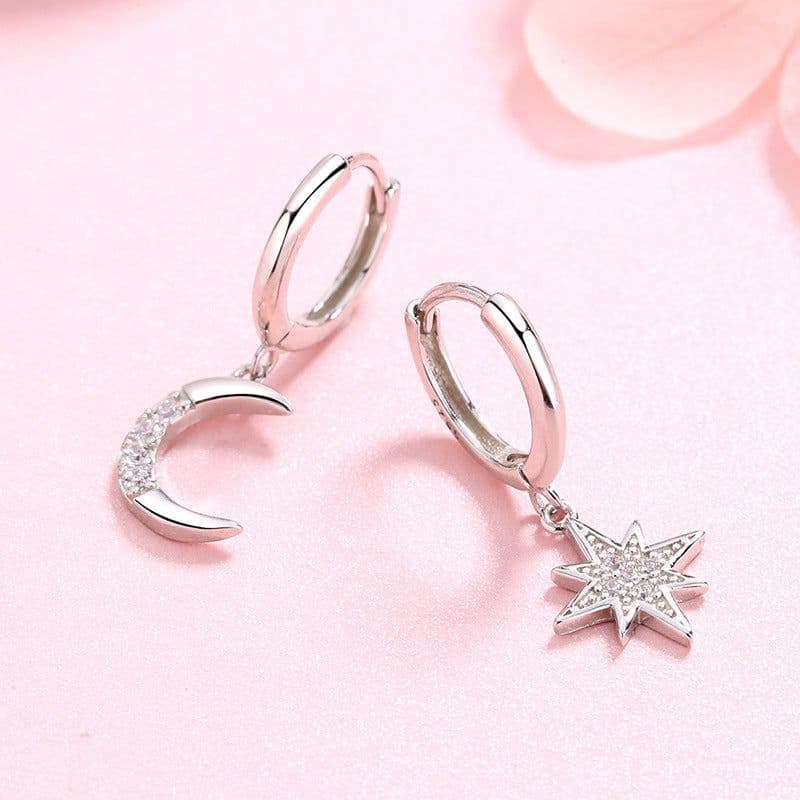 image-S925 Silver Star Moon Asymmetric Earrings with Zircon