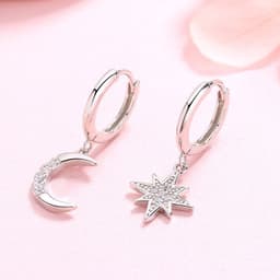 image-S925 Silver Star Moon Asymmetric Earrings with Zircon