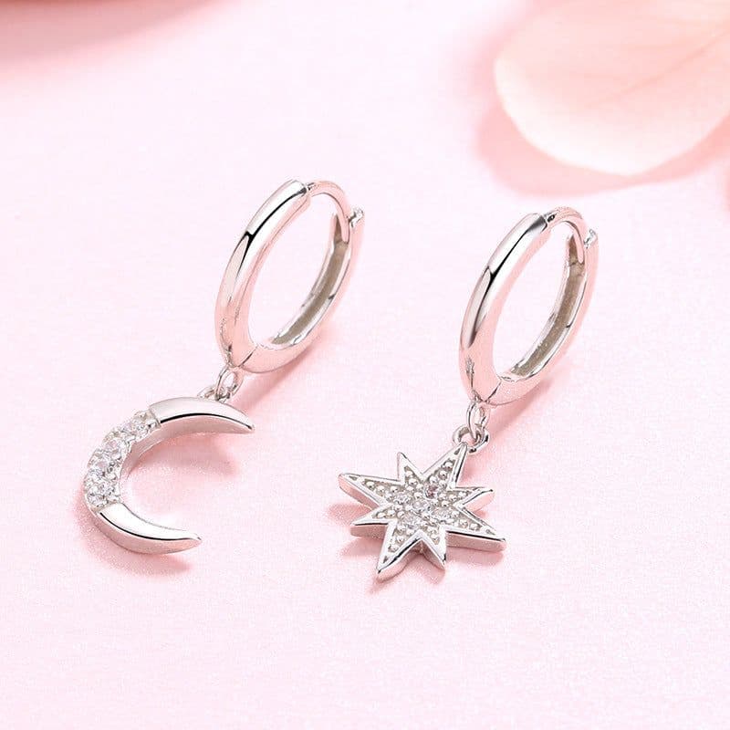 image-S925 Silver Star Moon Asymmetric Earrings with Zircon