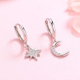 image-S925 Silver Star Moon Asymmetric Earrings with Zircon