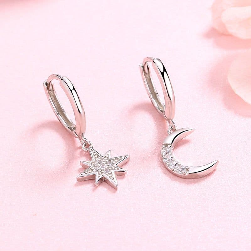 image-S925 Silver Star Moon Asymmetric Earrings with Zircon