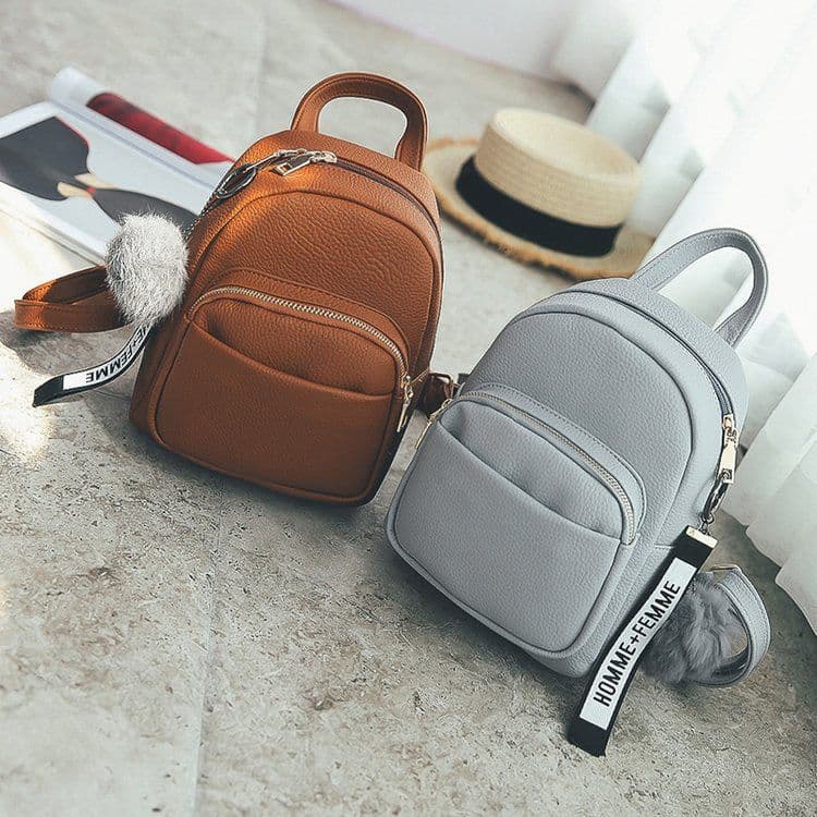 image-Nomefan Small PU Backpack Women's Solid Color Mini Bag Gray