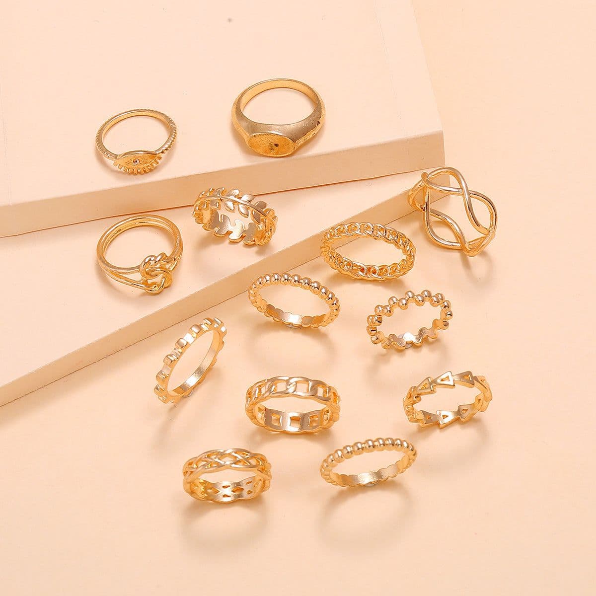 image-13-Piece Geometric Ring Set Gold Alloy Triangle Leaf Star Women's Jewelry