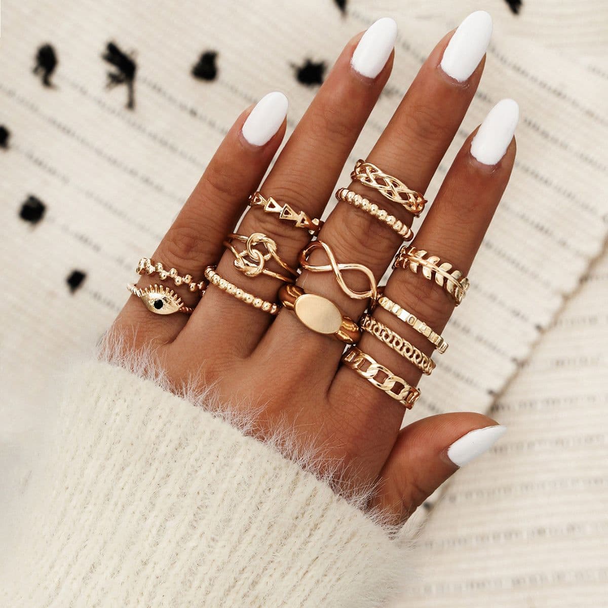 image-13-Piece Geometric Ring Set Gold Alloy Triangle Leaf Star Women's Jewelry