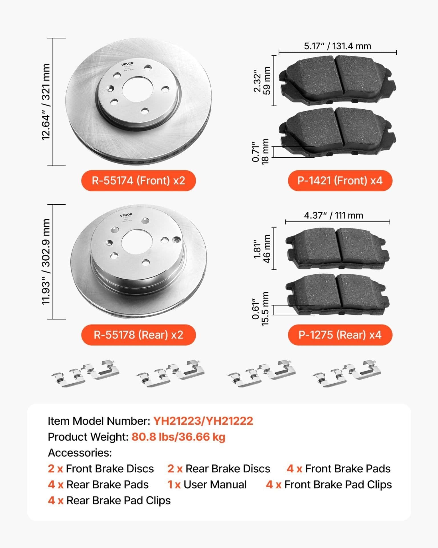 image-VEVOR Front and Rear Brake Kit Compatible with 2010-2017 Chevrolet Equinox, 2010-2017 GMC Terrain, Hollow Brake Rotors Ceramic Brake Pads Replacement Kit, 12.7 in Front Rotors, 12 in Rear Rotors