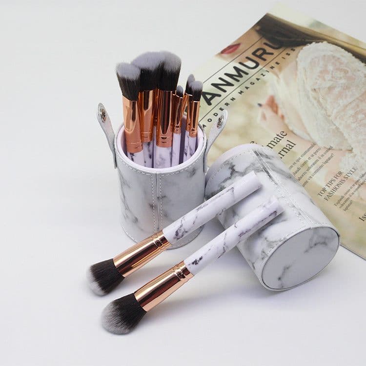 image-10-Piece Marble Pattern Makeup Brush Set with Cosmetic Bag