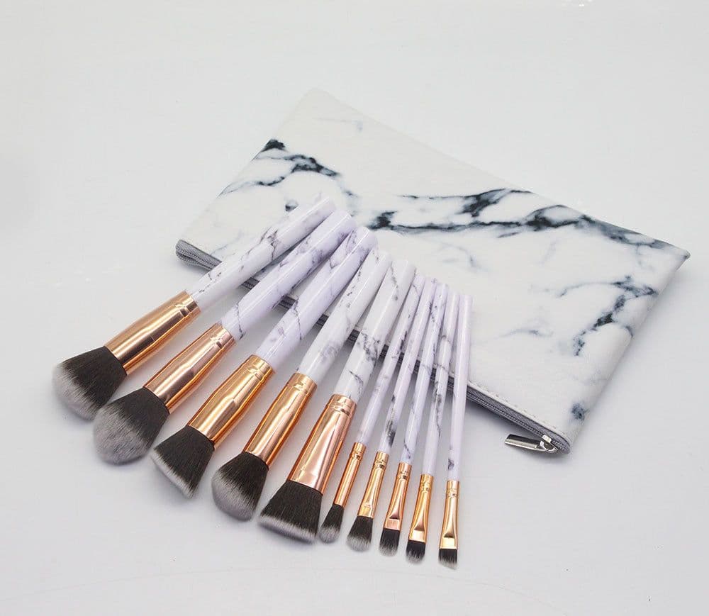 image-10-Piece Marble Pattern Makeup Brush Set with Cosmetic Bag