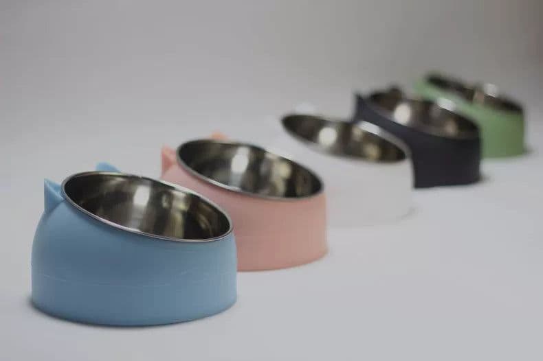 image-Stainless Steel Tilted Pet Bowl Anti-Tip Elevated Cat Dog Feeder