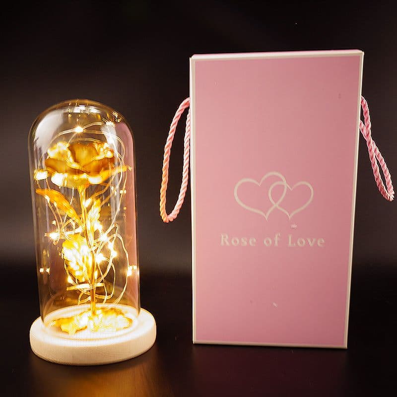 image-24k Gold Leaf Rose with Glass Cover LED Light Christmas Gift