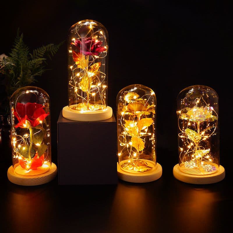 image-24k Gold Leaf Rose with Glass Cover LED Light Christmas Gift