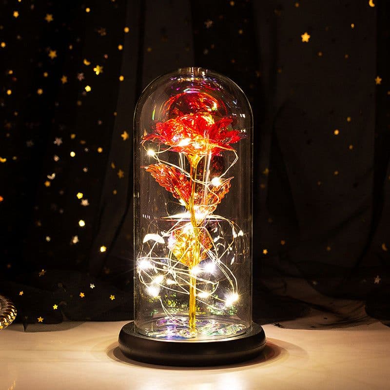 image-24k Gold Leaf Rose with Glass Cover LED Light Christmas Gift