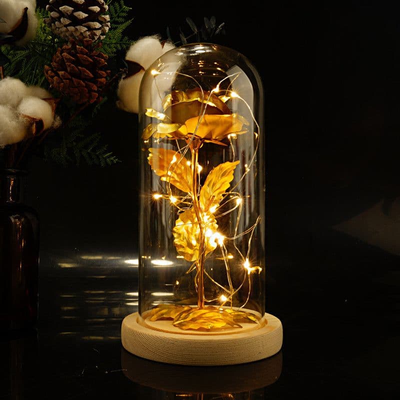 image-24k Gold Leaf Rose with Glass Cover LED Light Christmas Gift