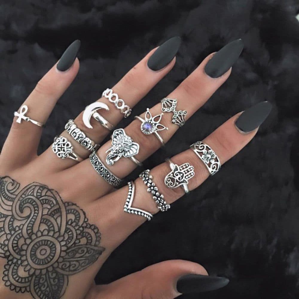 image-12-Piece Geometric Ring Set - Waterdrop Retro Joint Rings