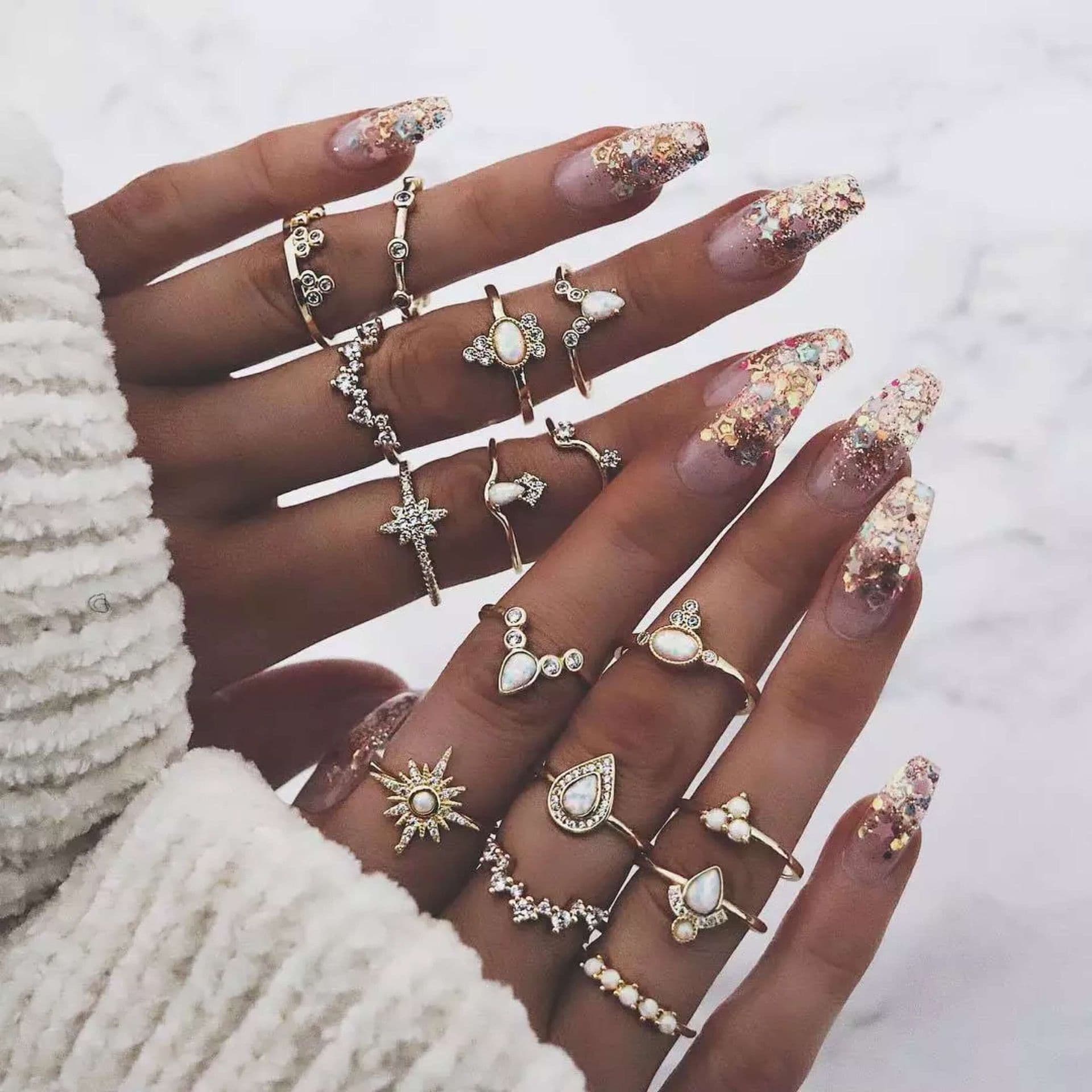 image-12-Piece Geometric Ring Set - Waterdrop Retro Joint Rings