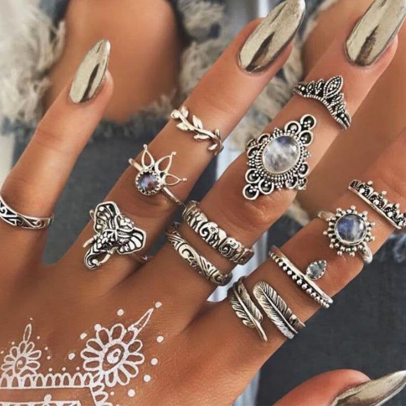 image-12-Piece Geometric Ring Set - Waterdrop Retro Joint Rings