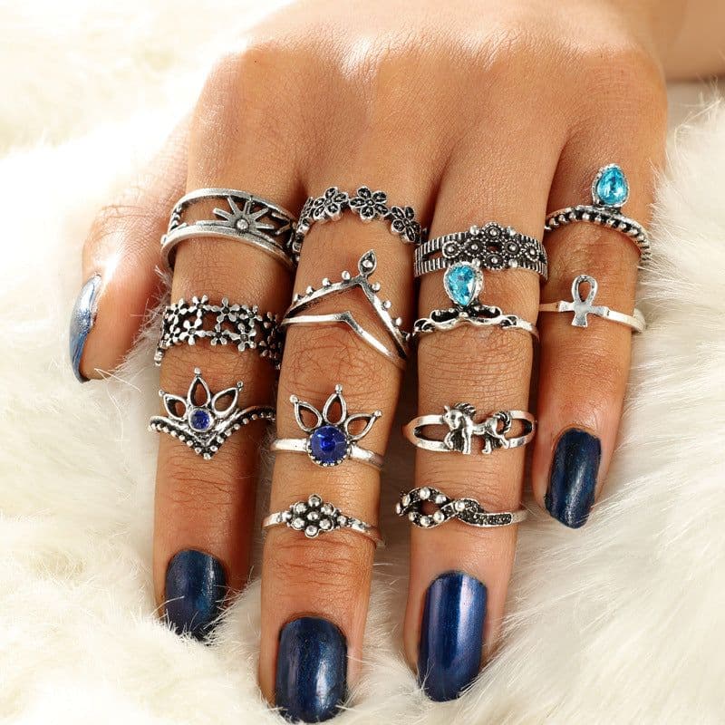 image-Retro Silver Carved Unicorn Lotus Flower Ring Set 13-Piece Women