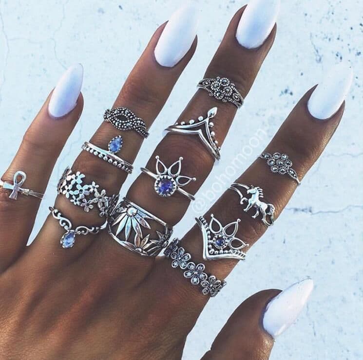 image-Retro Silver Carved Unicorn Lotus Flower Ring Set 13-Piece Women