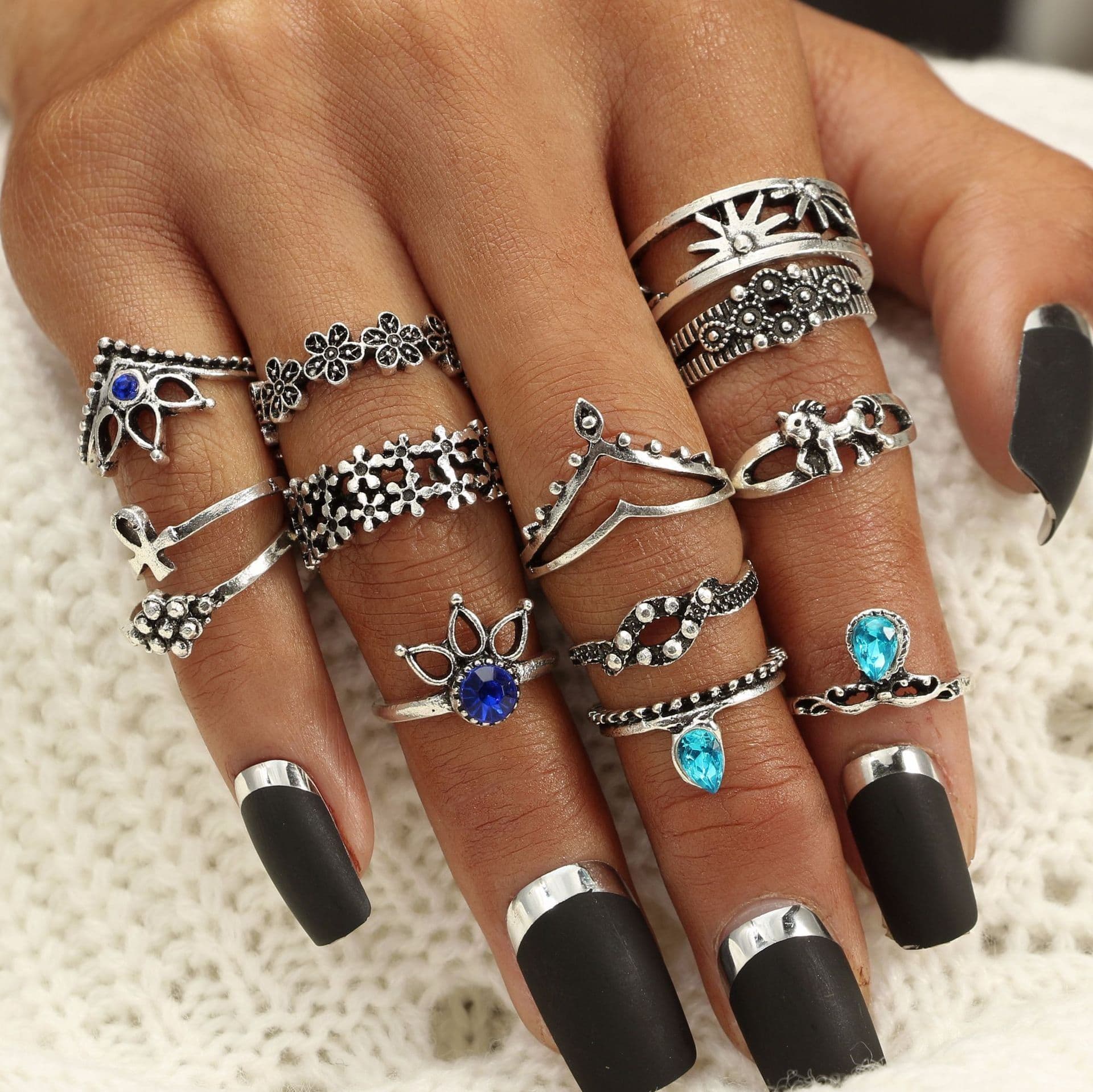 image-Retro Silver Carved Unicorn Lotus Flower Ring Set 13-Piece Women