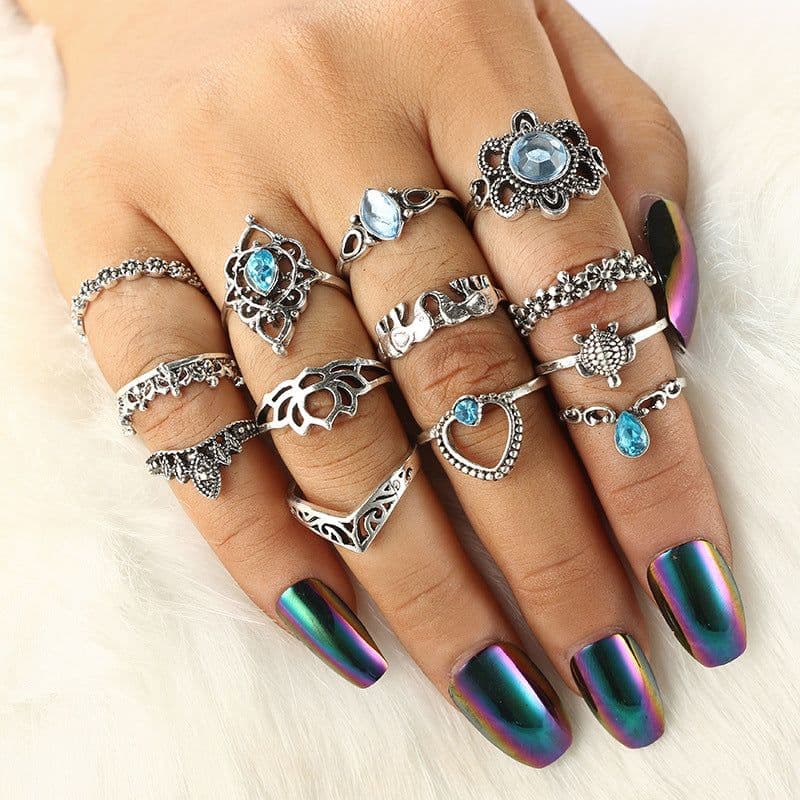 image-Listen to Maple 13-Piece Ring Set Silver Alloy Gemstone Crown Tortoise