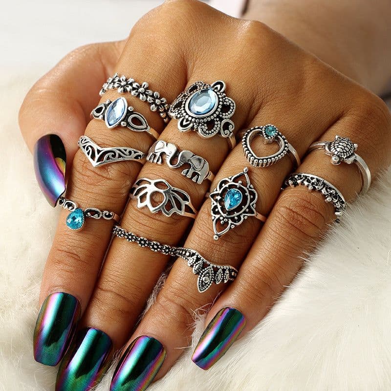 image-Listen to Maple 13-Piece Ring Set Silver Alloy Gemstone Crown Tortoise