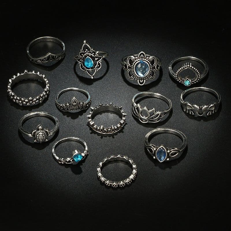 image-Listen to Maple 13-Piece Ring Set Silver Alloy Gemstone Crown Tortoise