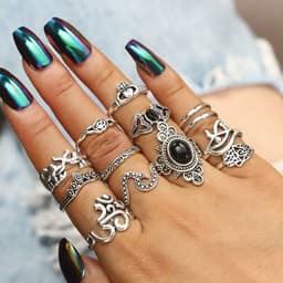 image-13-Piece Retro Ethnic Black Gem Flower Ring Set for Women