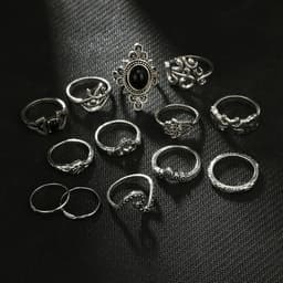 image-13-Piece Retro Ethnic Black Gem Flower Ring Set for Women
