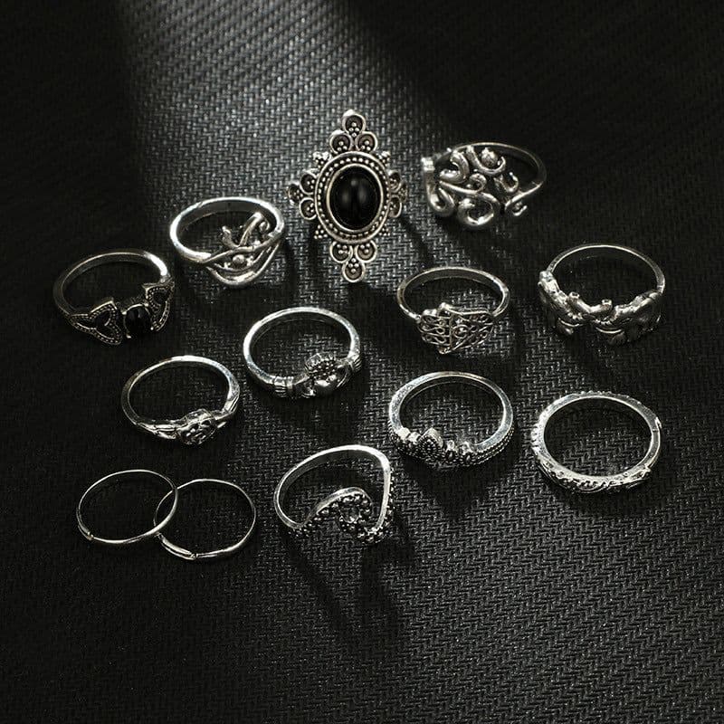 image-13-Piece Retro Ethnic Black Gem Flower Ring Set for Women