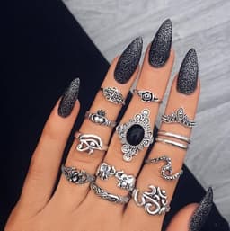 image-13-Piece Retro Ethnic Black Gem Flower Ring Set for Women