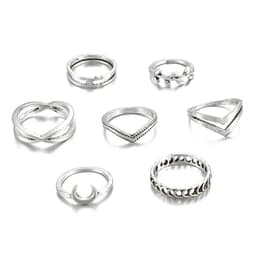 image-Chanting 7-Piece Silver Moon Leaf V-Shaped Ring Set