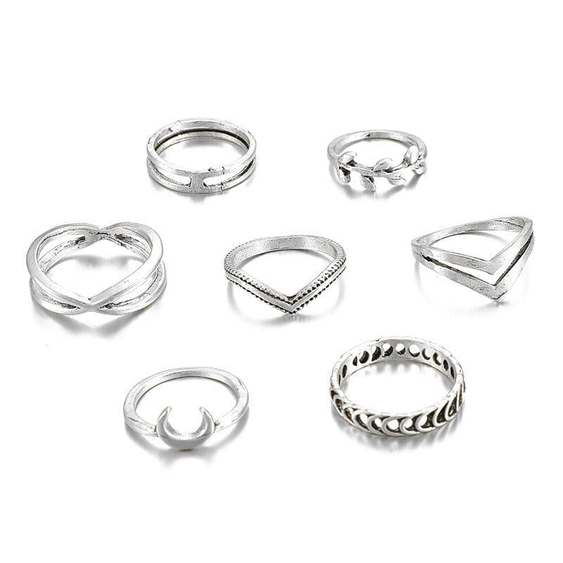 image-Chanting 7-Piece Silver Moon Leaf V-Shaped Ring Set