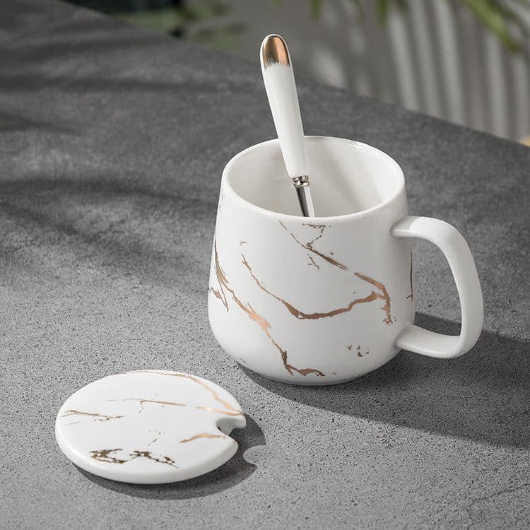 image-Marble Pattern Mug with Lid 301-400ml Office Coffee Cup
