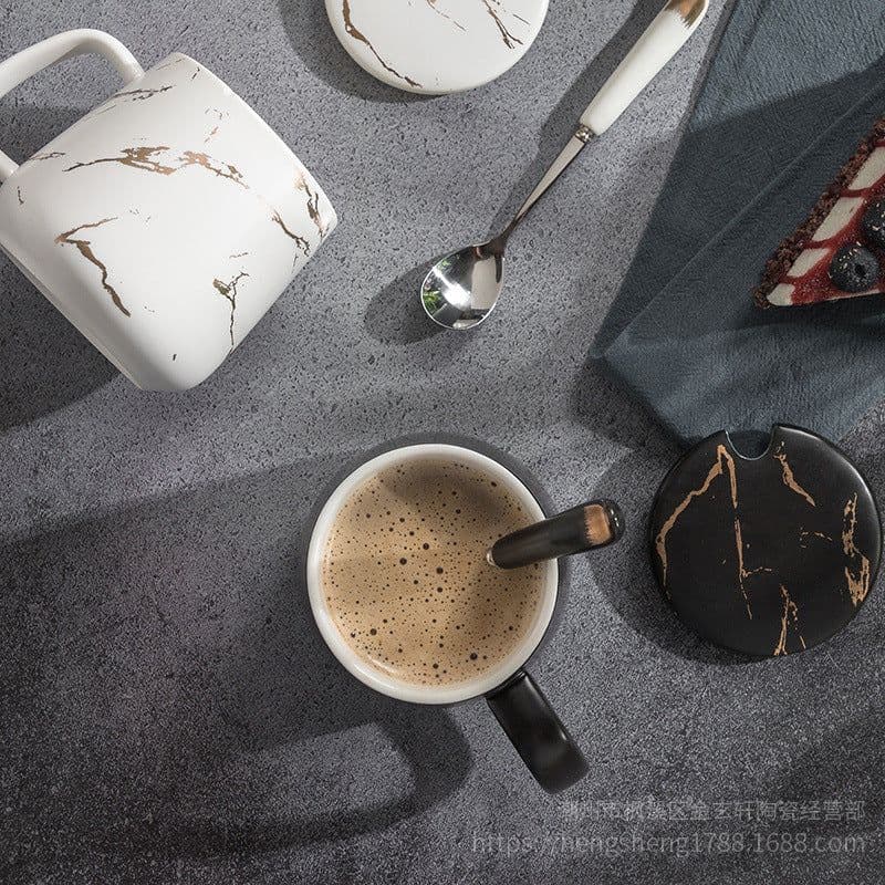 image-Marble Pattern Mug with Lid 301-400ml Office Coffee Cup