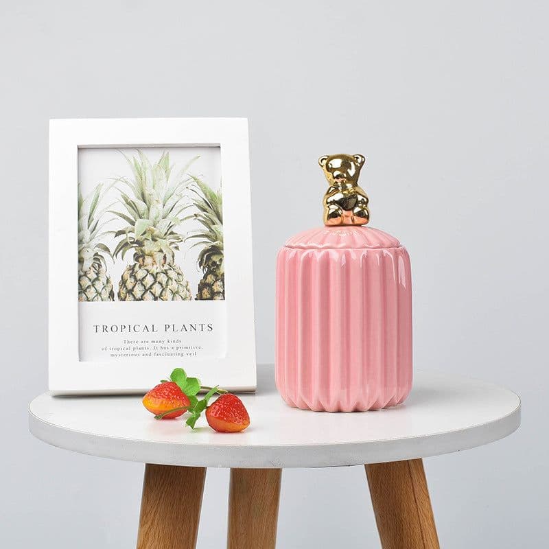 image-FULIN Ceramic Storage Jar with Lid 300mL Lovers Rabbit Pink