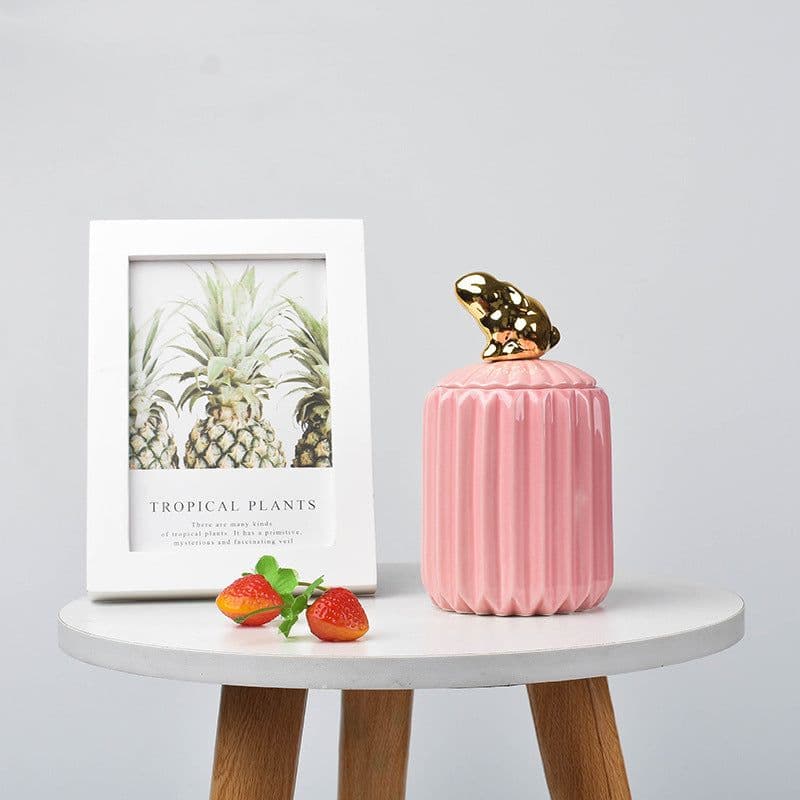 image-FULIN Ceramic Storage Jar with Lid 300mL Lovers Rabbit Pink